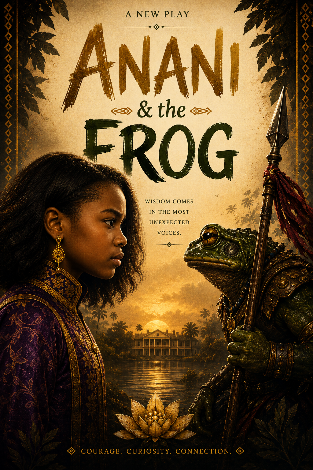 Official poster for Anani and the Frog — a young Ashanti princess faces Bakari, a warrior in frog form holding a spear, before a golden sunset over the water